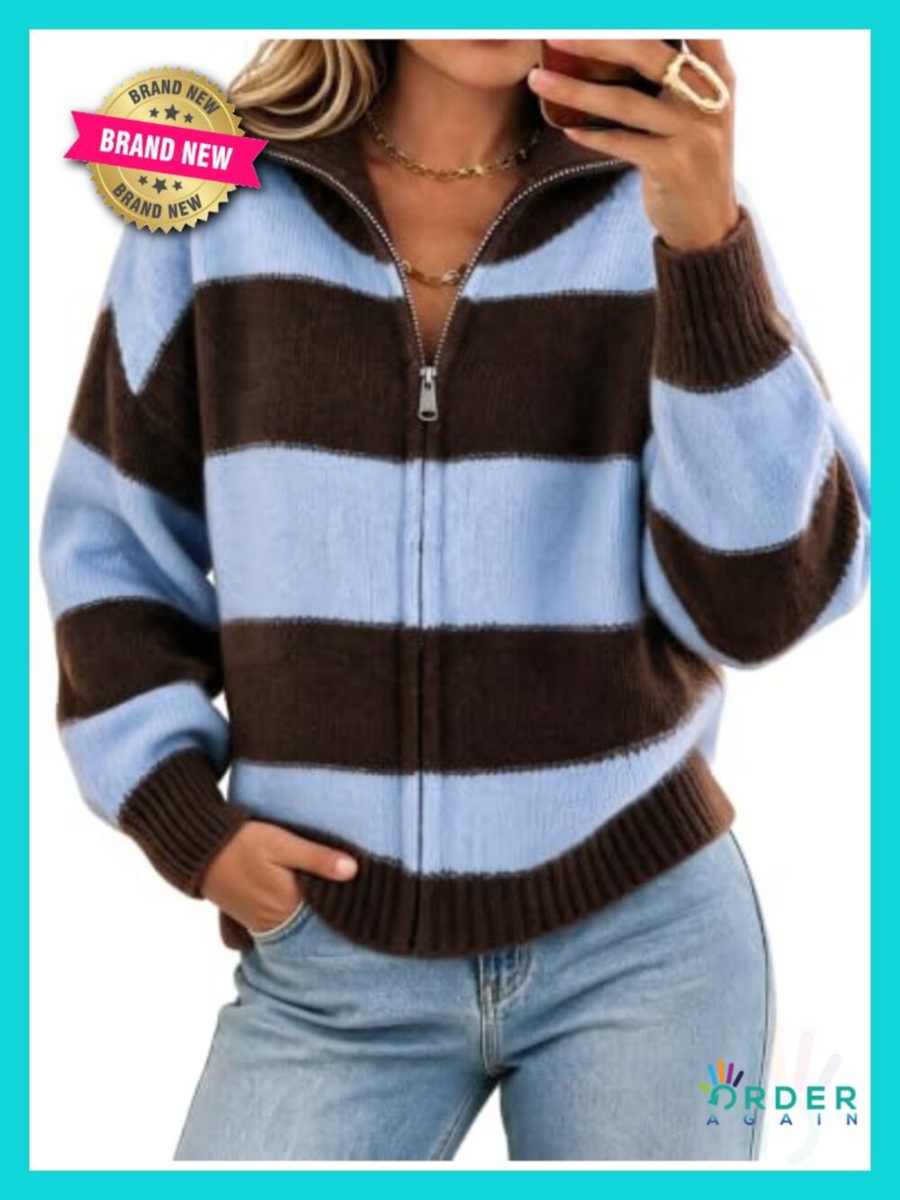 Women Striped Zip Up Cardigan Long Sleeve Knit Sweater High Neck